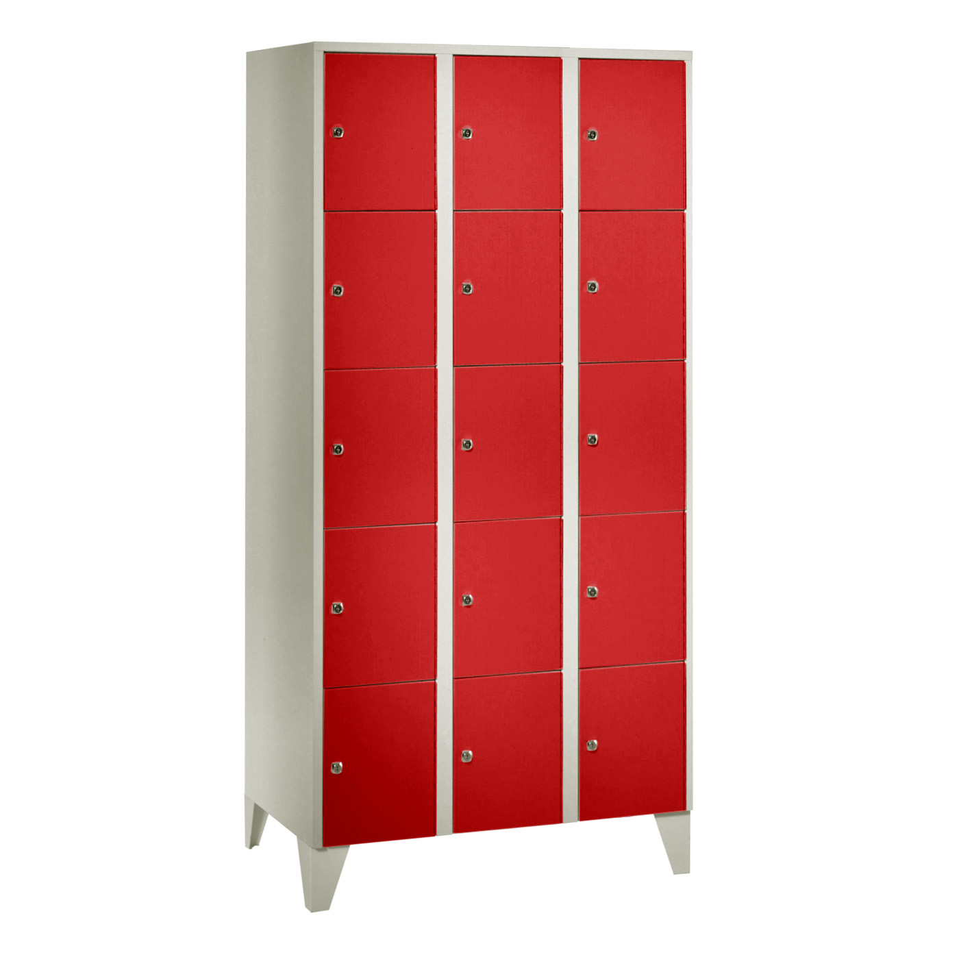 Wolf Fächerschrank Serie 72, Füße, Abteilbreite 300 mm, 3 Abteile à 5 Fächer Feuerrot RAL 3000