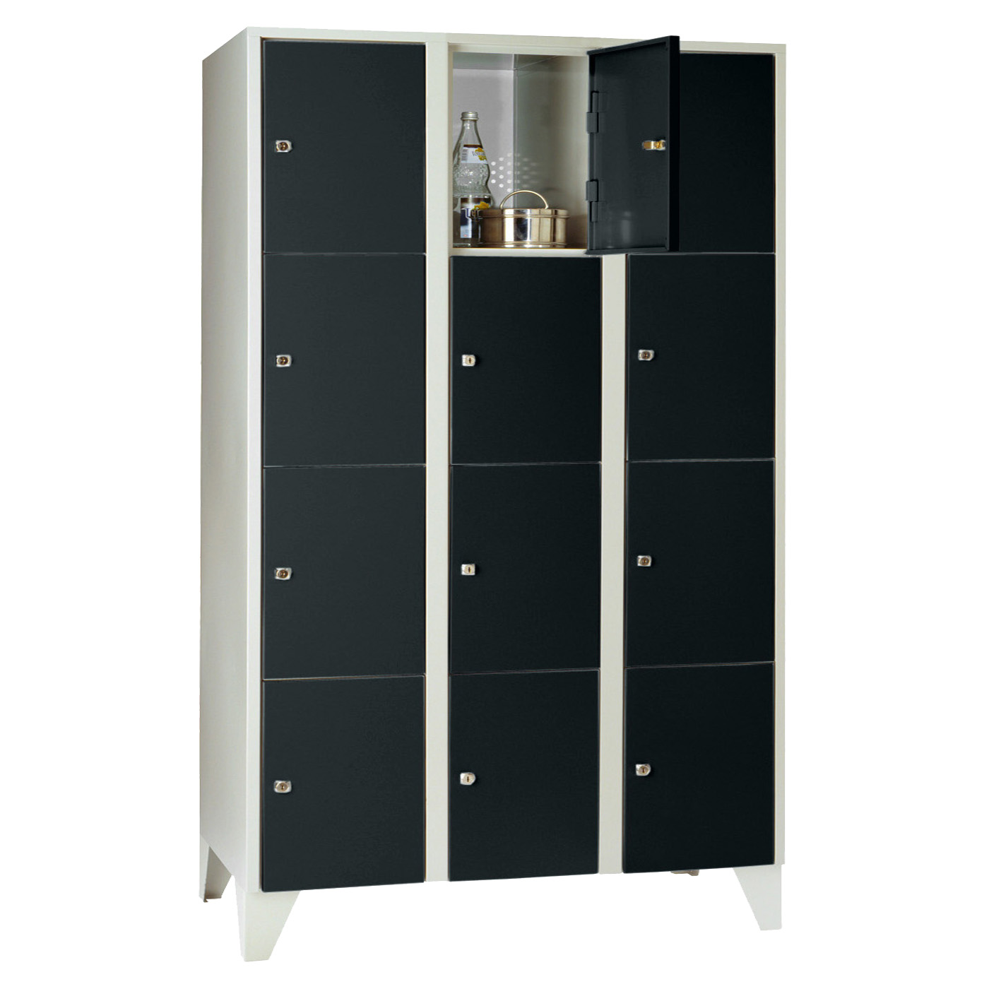 Wolf Fächerschrank Serie 72, Füße, Abteilbreite 400 mm, 3 Abteile à 4 Fächer Tiefschwarz RAL 9005
