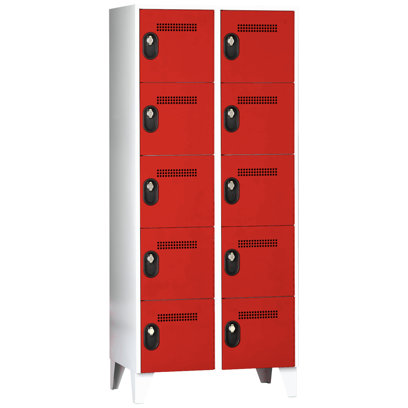 Wolf Fächerschrank Serie 90, Füße, Abteilbreite 400 mm, 2 Abteile à 5 Fächer Feuerrot RAL 3000