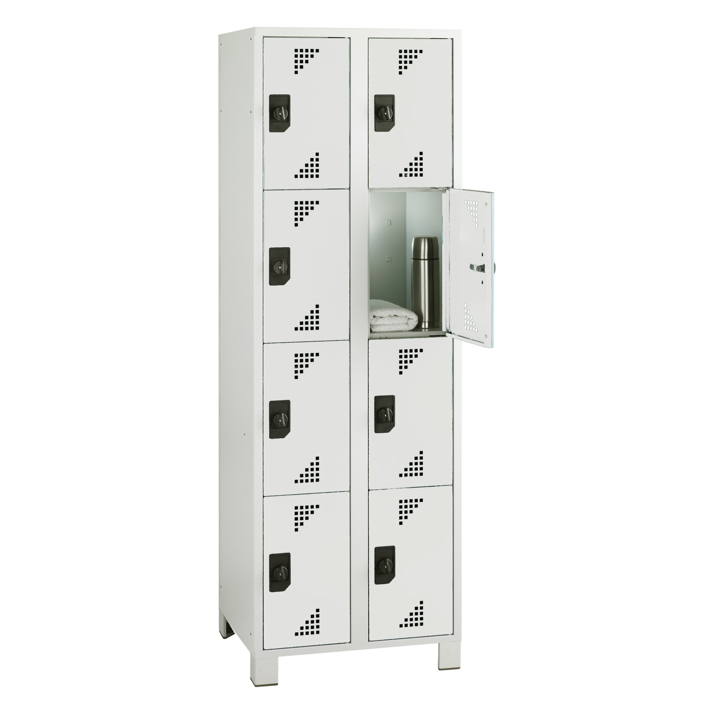 Wolf Fächerschrank Serie 82, Füße, Abteilbreite 300 mm, 2 Abteile à 4 Fächer Lichtgrau RAL 7035