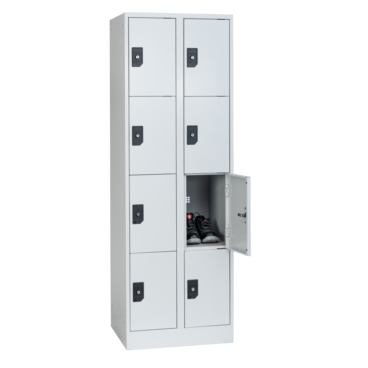 Wolf Fächerschrank Serie 96, Sockel, Abteilbreite 300 mm, 2 Abteile à 4 Fächer Lichtgrau RAL 7035