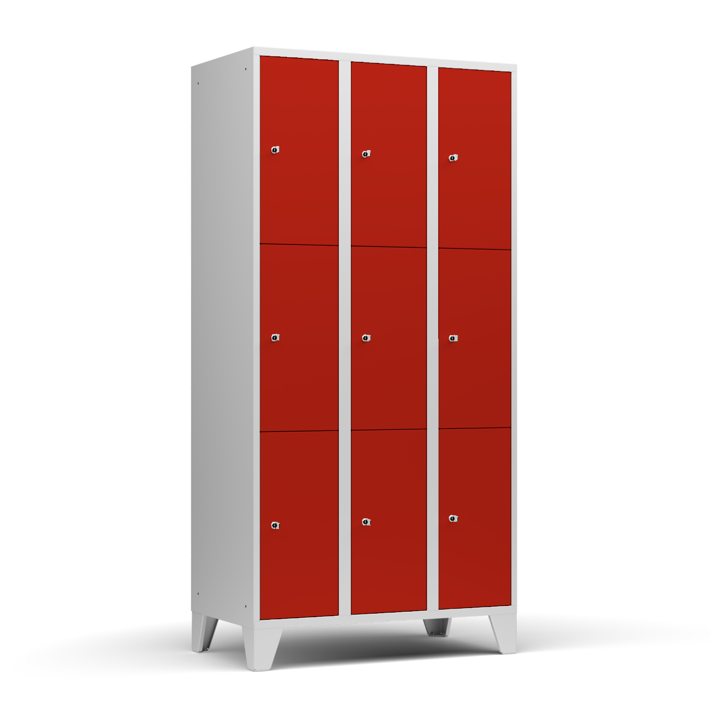 Wolf Fächerschrank Serie 72, Füße, Abteilbreite 300 mm, 3 Abteile à 3 Fächer Feuerrot RAL 3000