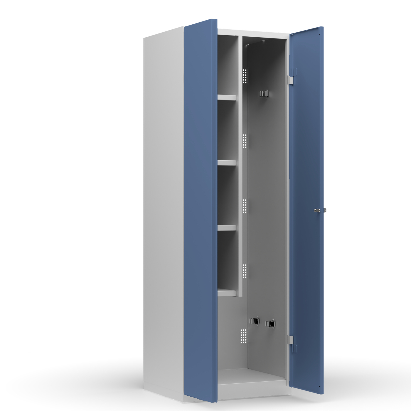 Wolf Mehrzweckspind für Stielgeräte Serie 77 Sockel Flügeltüren Abteilbreite 300 mm 2 Abteile Taubenblau RAL 5014