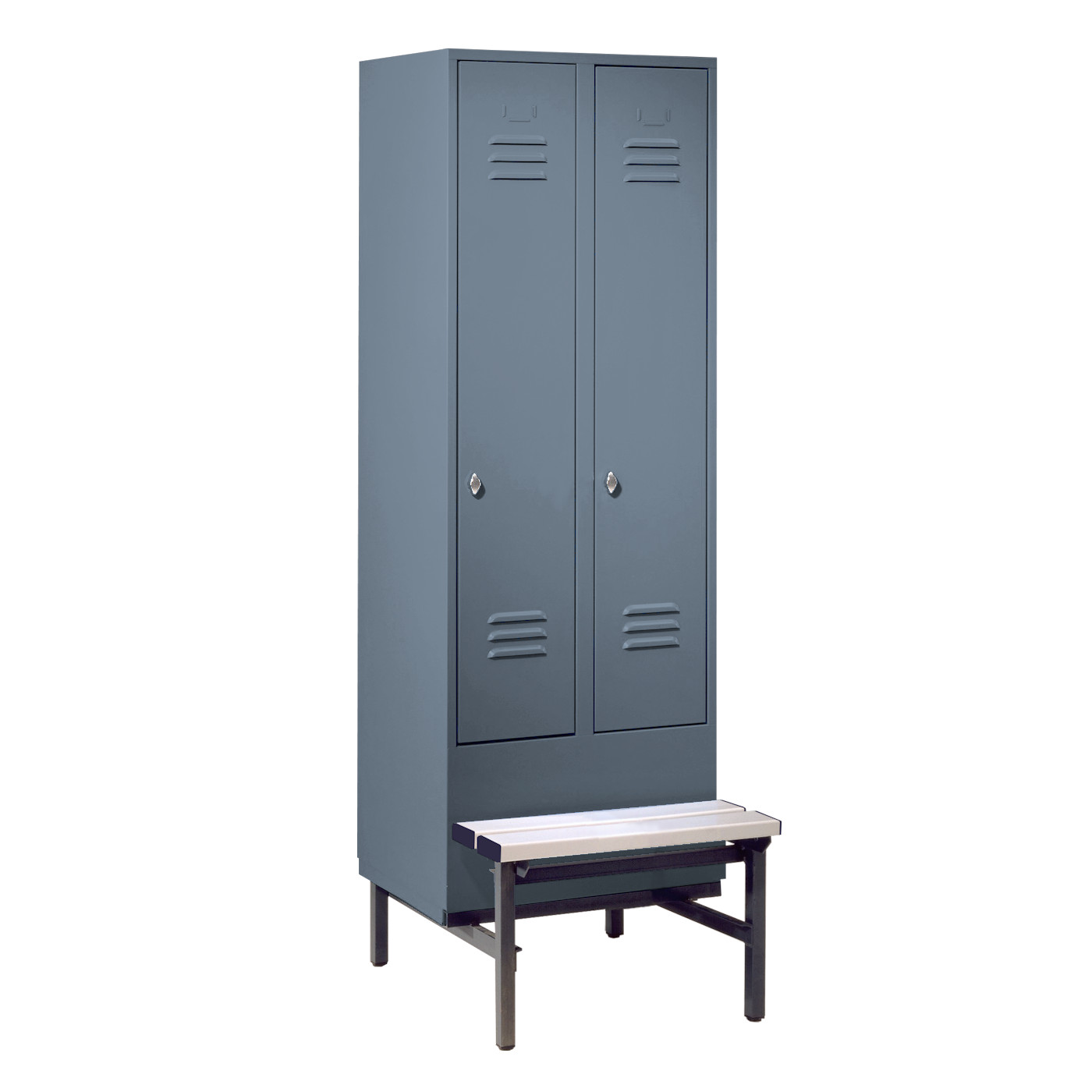 Wolf Spind Serie 75 GU mit Sitzbankuntergestell, Abteilbreite 300 mm, 2 Abteile Blaugrau RAL 7031