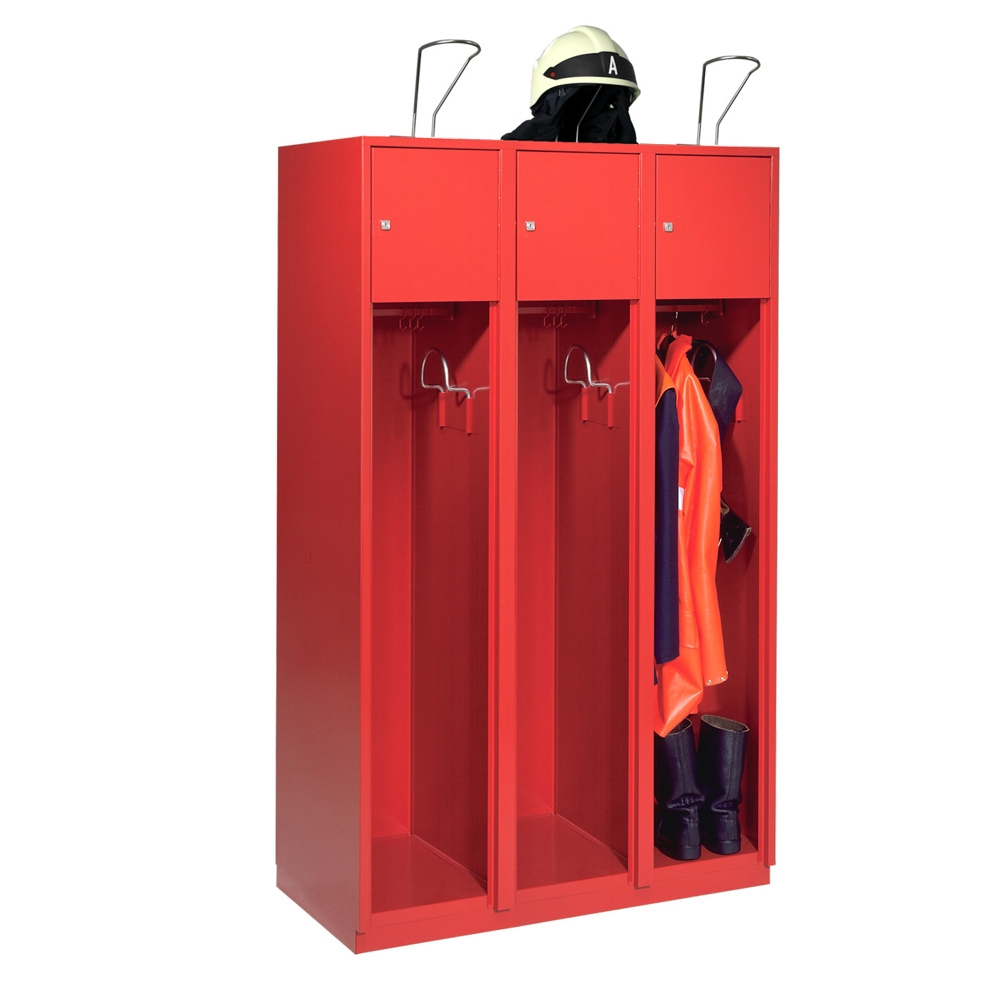 Wolf Feuerwehrschrank Serie 75 F, Sockel, Abteilbreite 400 mm, 3 Abteile Feuerrot RAL 3000