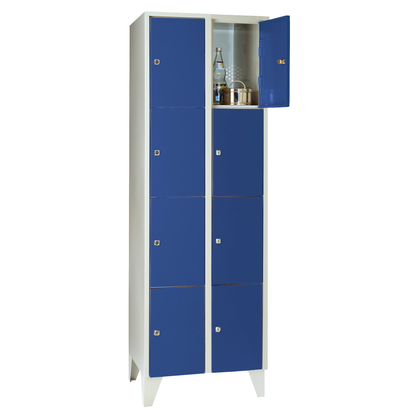 Wolf Fächerschrank Serie 72, Füße, Abteilbreite 300 mm, 2 Abteile à 4 Fächer Enzianblau RAL 5010