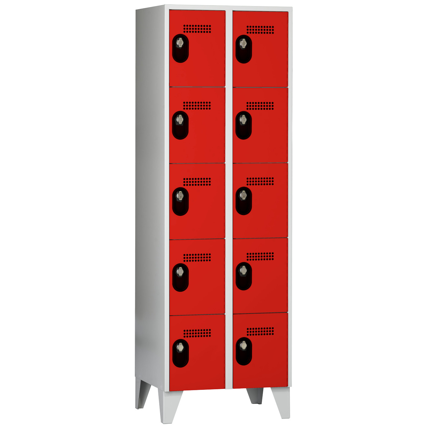 Wolf Fächerschrank Serie 90, Füße, Abteilbreite 300 mm, 2 Abteile à 5 Fächer Feuerrot RAL 3000