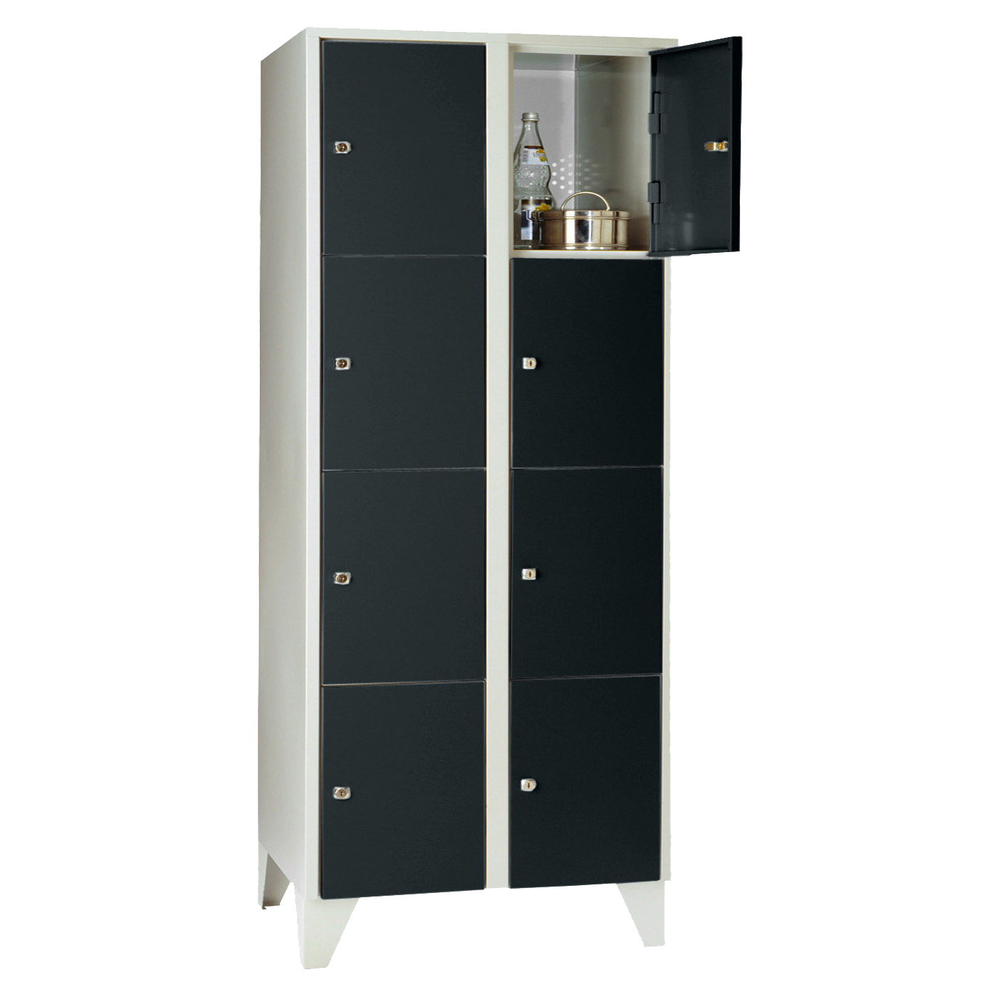 Wolf Fächerschrank Serie 72, Füße, Abteilbreite 400 mm, 2 Abteile à 4 Fächer Tiefschwarz RAL 9005