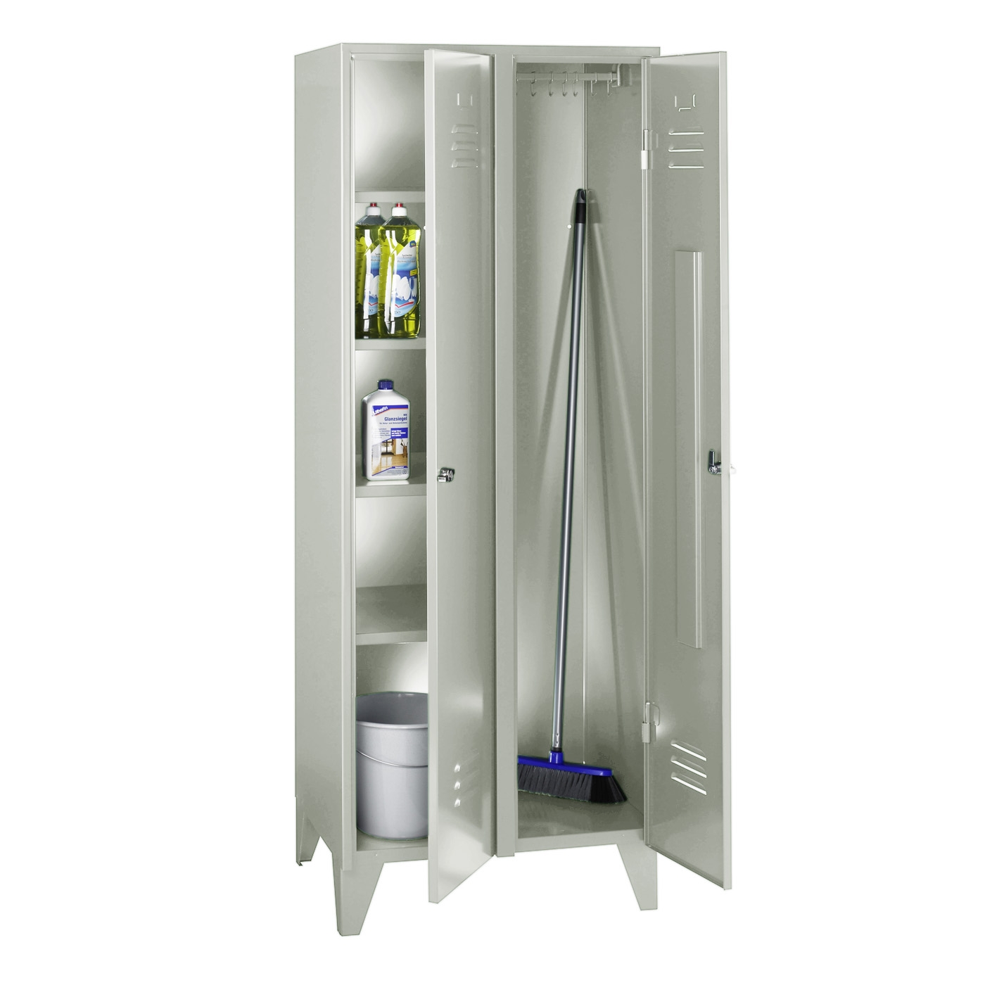 Wolf Mehrzweckschrank Serie 79, Füße, Abteilbreite 700 mm, 1 Abteil, 4 Fächer, 5 Klemmhalter Lichtgrau RAL 7035