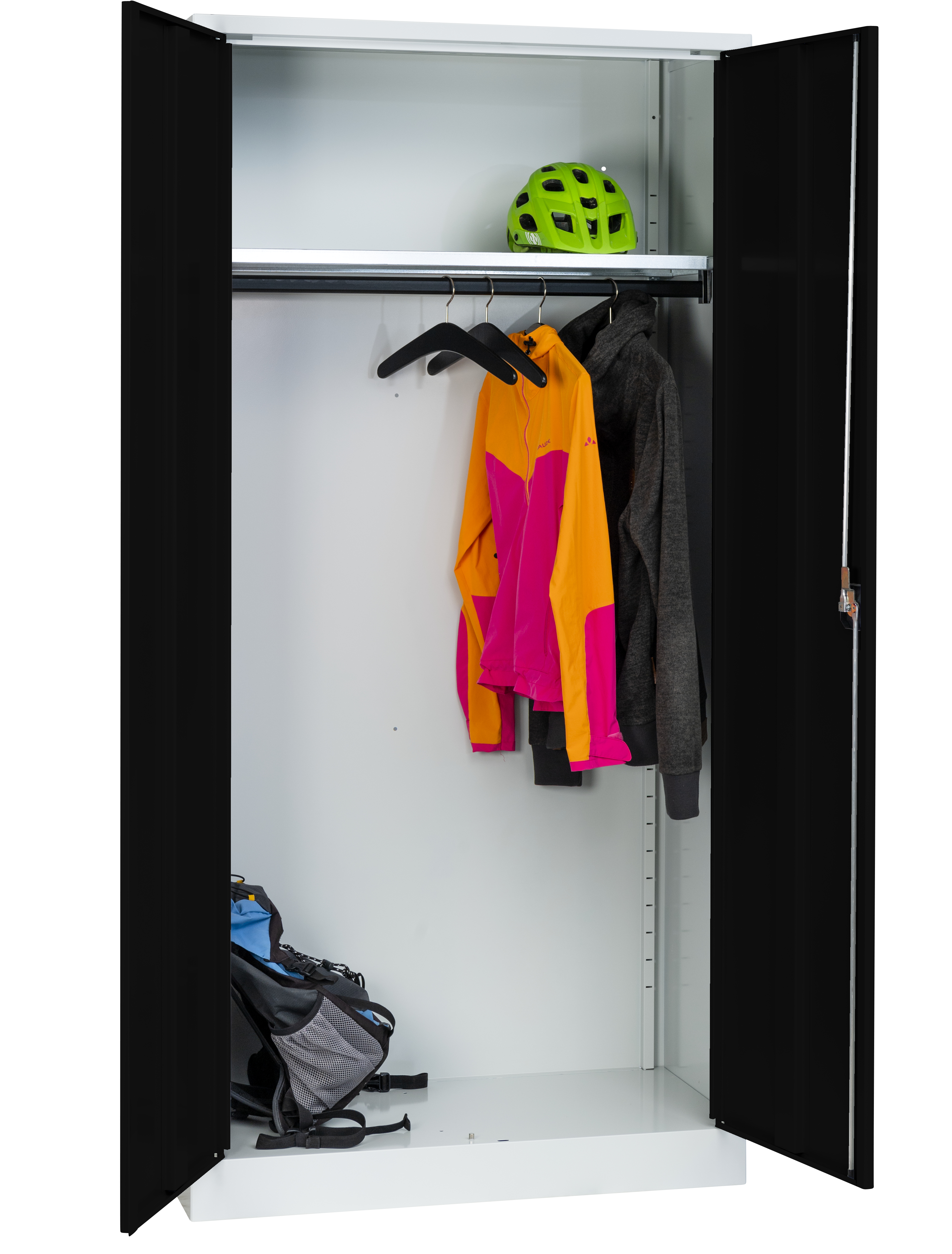 Wolf Flügeltüren-Garderobenschrank Serie 20 mit Sockel Höhe 1950 Breite 950 mm durchgehend Tiefschwarz RAL 9005