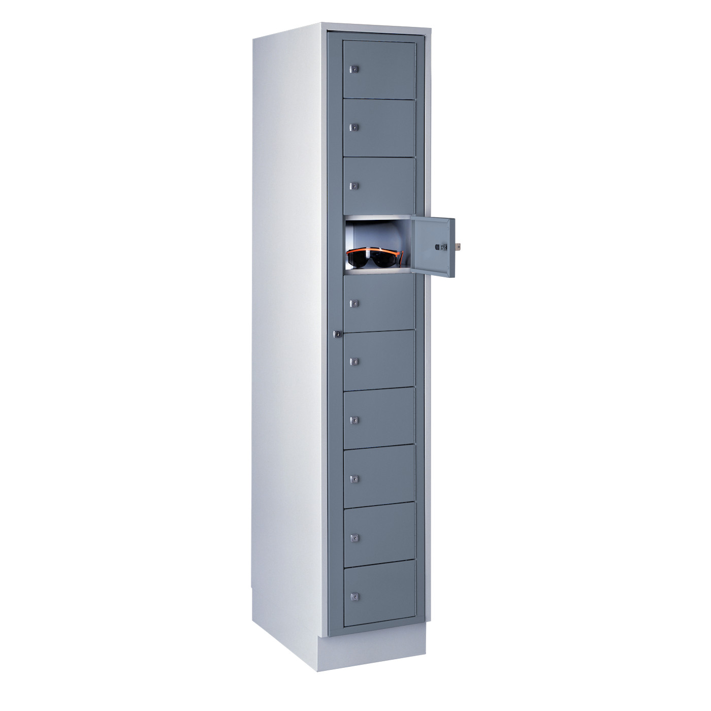 Wolf Verteilerschrank Serie 71 VT, Sockel, Abteilbreite 350 mm, 1 Abteil à 10 Fächer Blaugrau RAL 7031