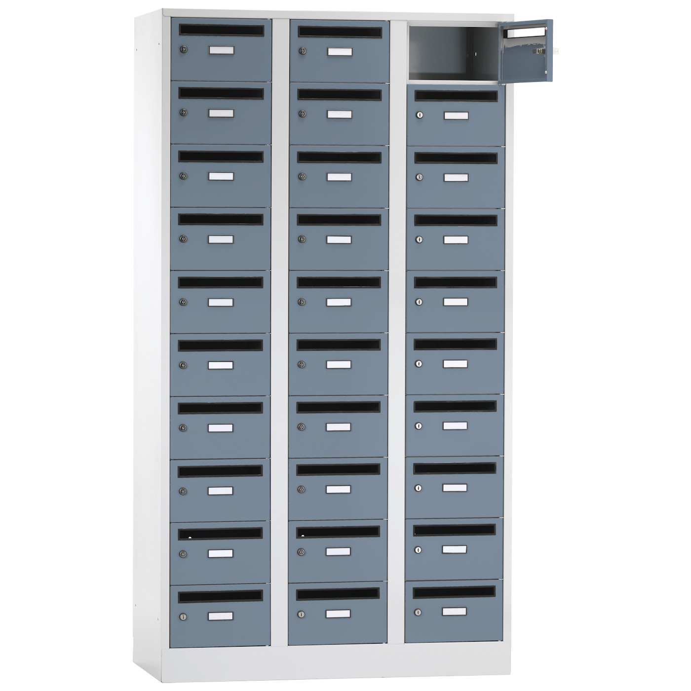 Wolf Postverteilerschrank Serie 42 PV, Sockel, Abteilbreite 350 mm, 3 Abteile à 10 Fächer Blaugrau RAL 7031