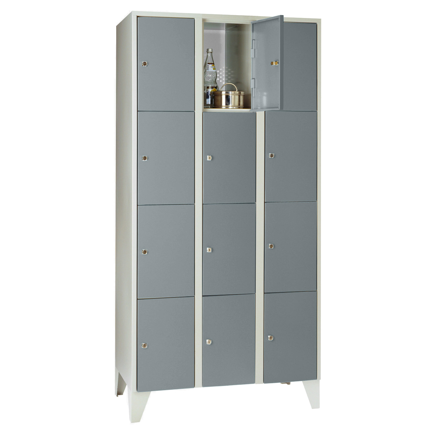 Wolf Fächerschrank Serie 72, Füße, Abteilbreite 300 mm, 3 Abteile à 4 Fächer Blaugrau RAL 7031