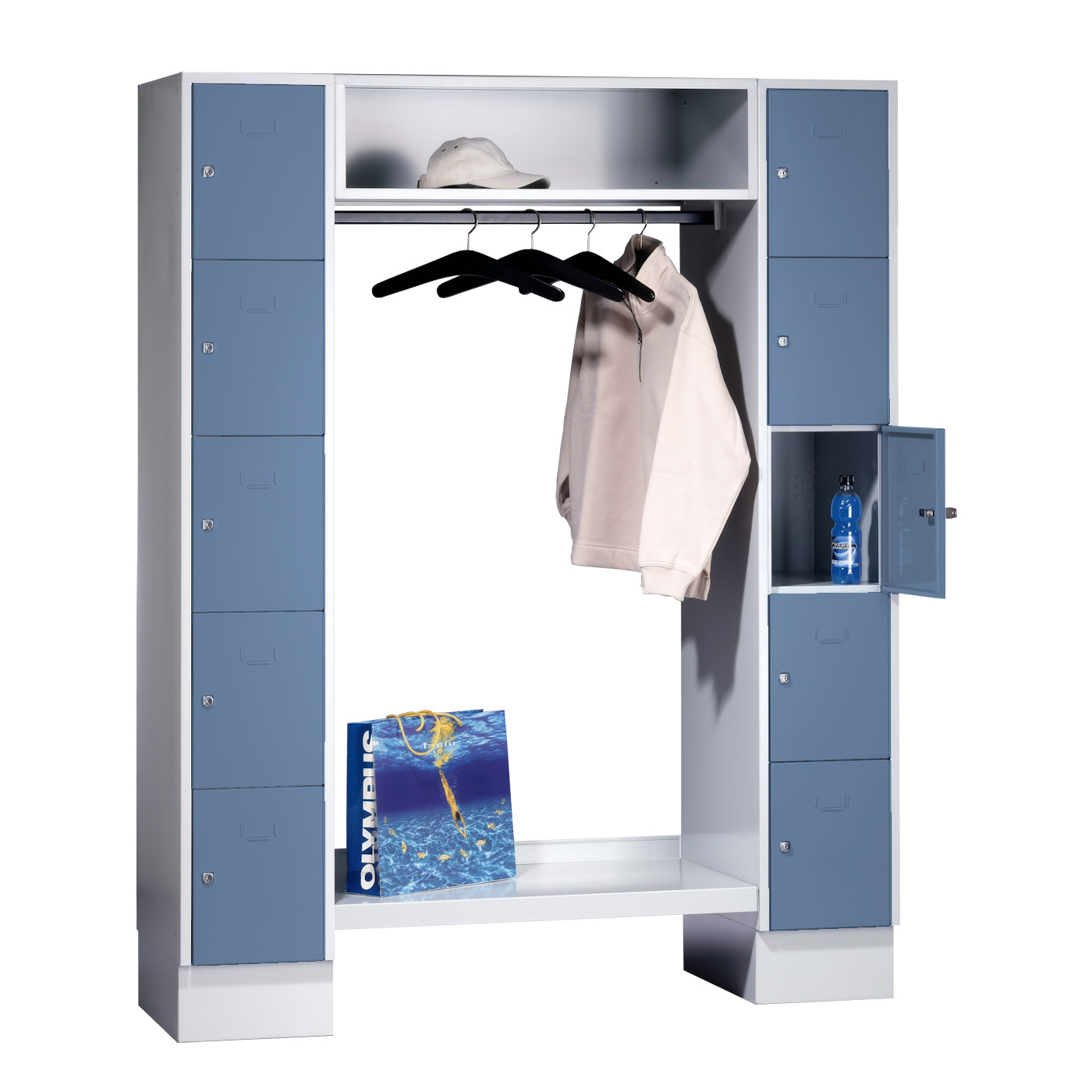 Wolf Schließfachgarderoben-System Serie 78 2 Abteile Breite 300 mm 10 Fächer offene Garderobe Taubenblau RAL 5014