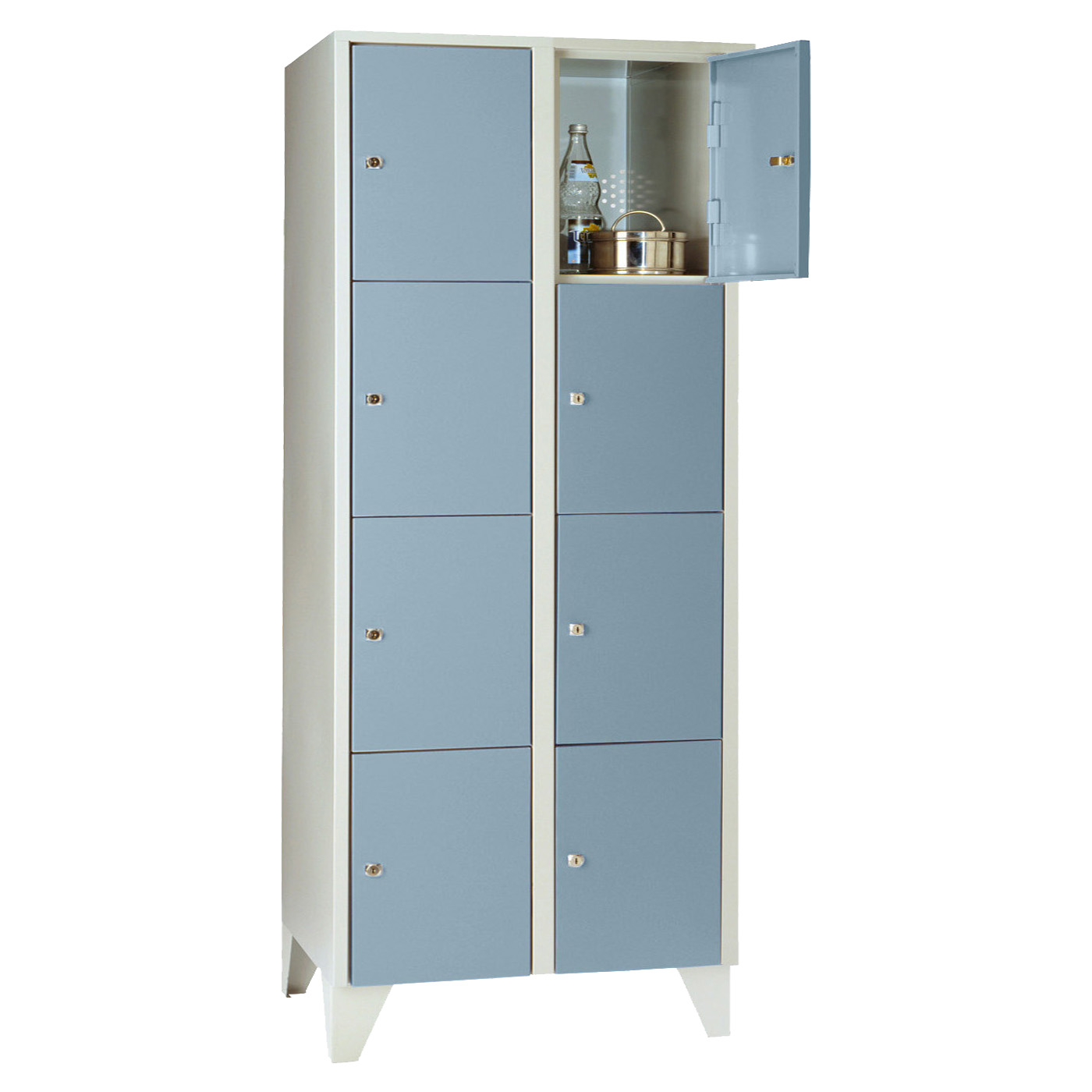 Wolf Fächerschrank Serie 72, Füße, Abteilbreite 400 mm, 2 Abteile à 4 Fächer Taubenblau RAL 5014