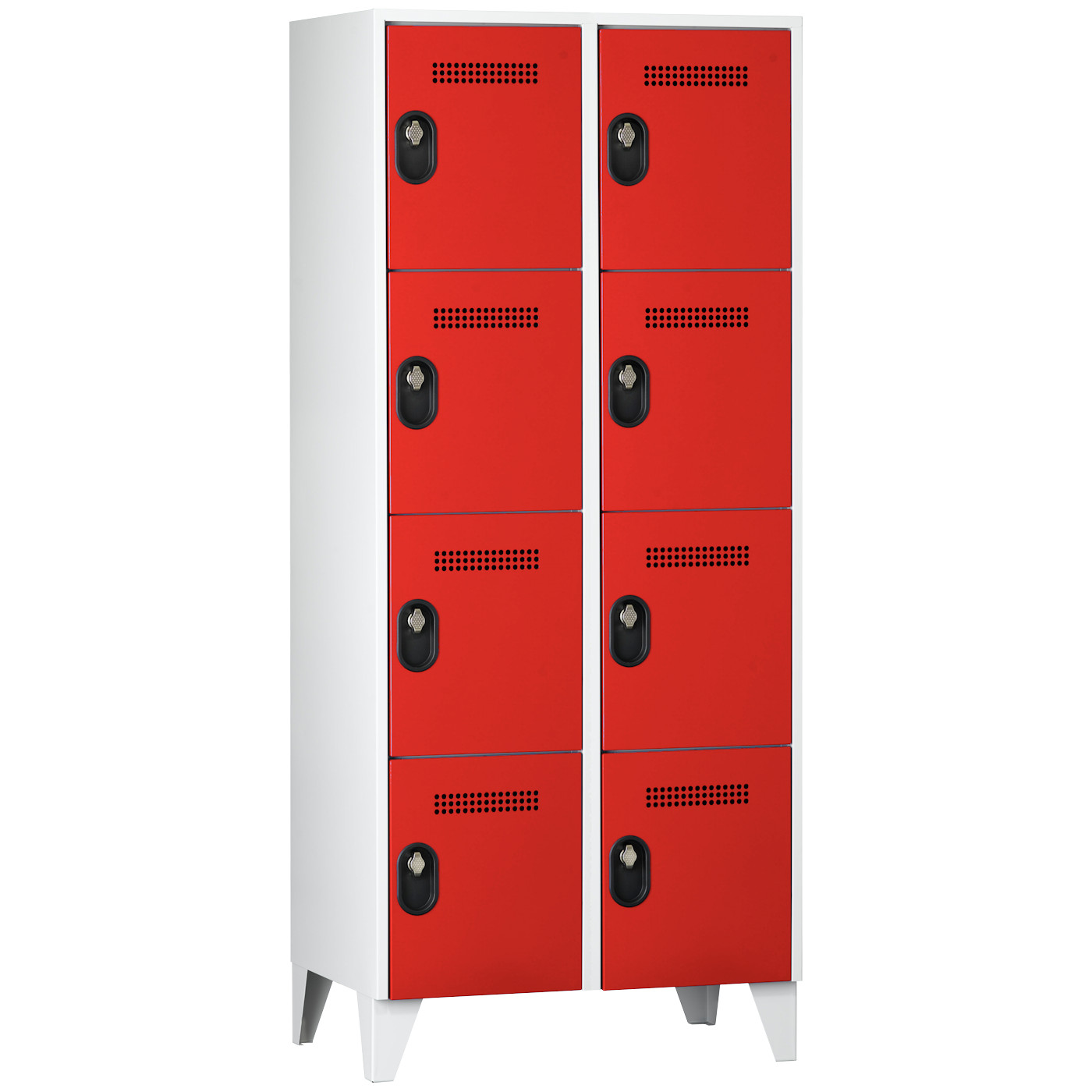 Wolf Fächerschrank Serie 90, Füße, Abteilbreite 400 mm, 2 Abteile à 4 Fächer Feuerrot RAL 3000