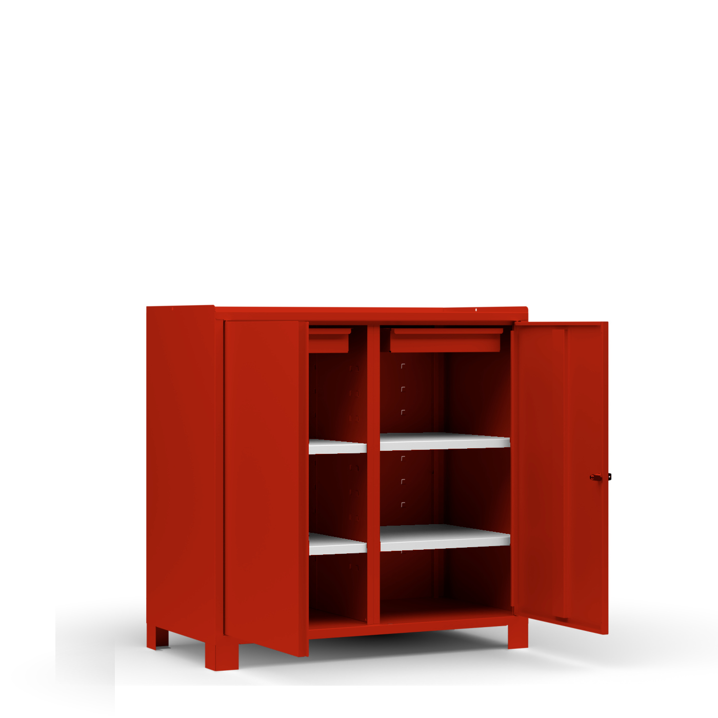 Wolf Werkzeugschrank Serie 59 Füße Breite 1000 mm 2 Schubladen 4 Fachböden Feuerrot RAL 3000