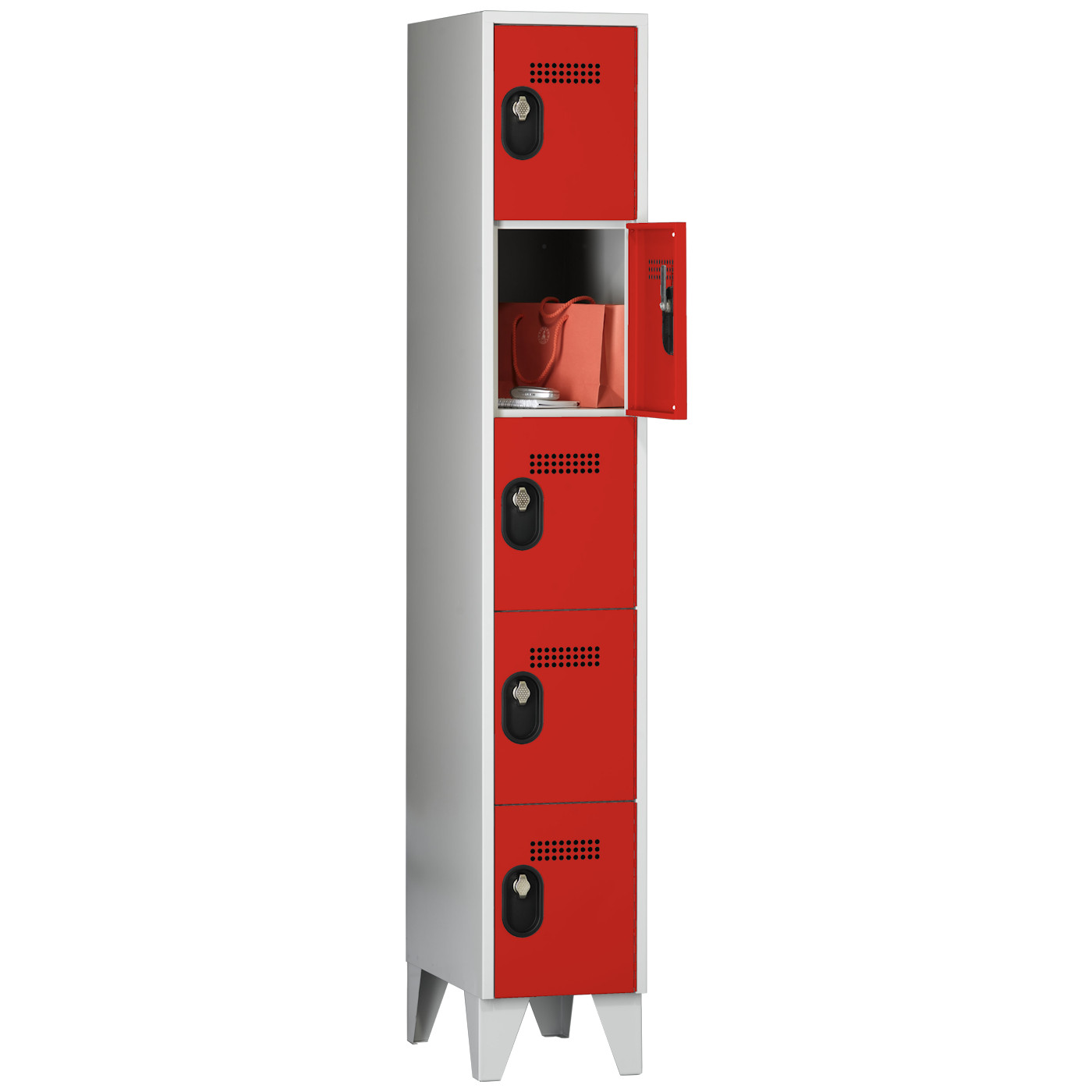 Wolf Fächerschrank Serie 90, Füße, Abteilbreite 300 mm, 1 Abteil à 5 Fächer Feuerrot RAL 3000