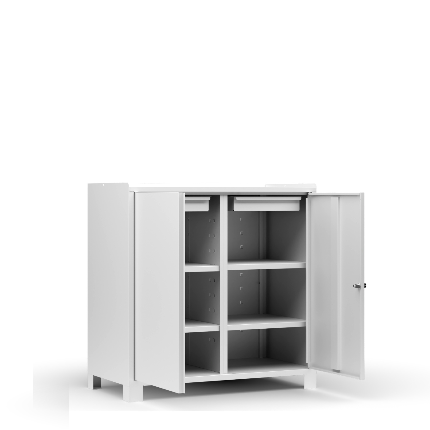 Wolf Werkzeugschrank Serie 59 Füße Breite 1000 mm 2 Schubladen 4 Fachböden Lichtgrau RAL 7035