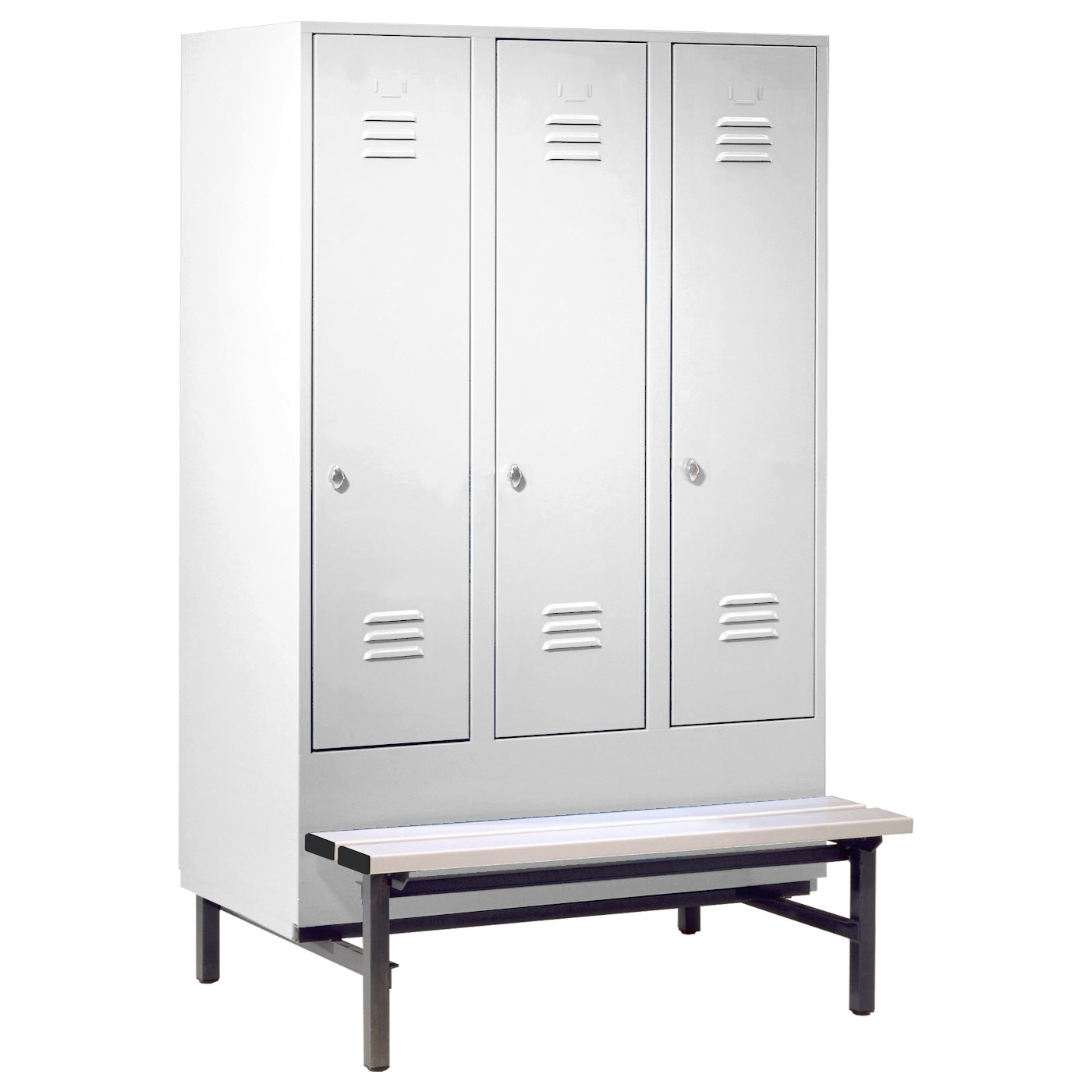Wolf Spind Serie 75 GU mit Sitzbankuntergestell, Abteilbreite 400 mm, 3 Abteile Lichtgrau RAL 7035