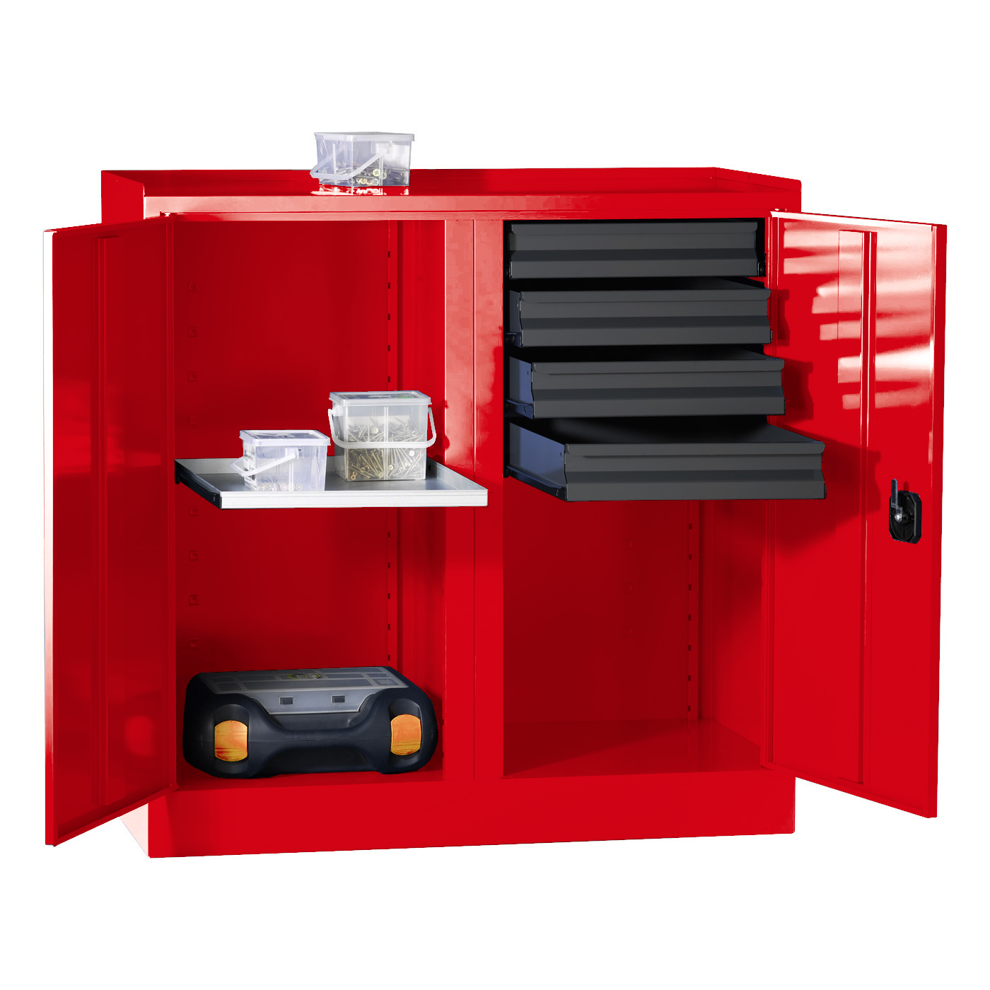 Wolf Werkzeugschrank Serie 51 Sockel Breite 1000 mm 2 Abteile 4 Schubladen 1 Fachboden Feuerrot RAL 3000