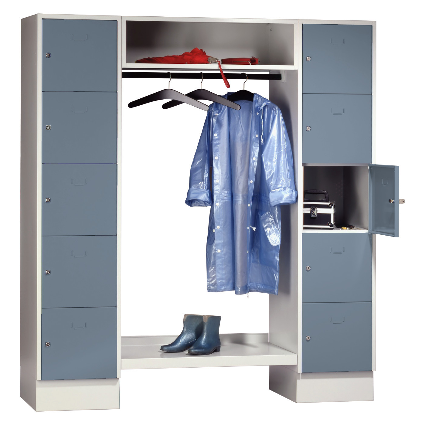 Wolf Schließfachgarderoben-System Serie 78 2 Abteile Breite 400 mm 10 Fächer offene Garderobe Blaugrau RAL 7031