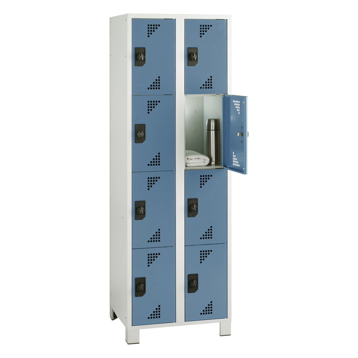 Wolf Fächerschrank Serie 82, Füße, Abteilbreite 300 mm, 2 Abteile à 4 Fächer Brillantblau RAL 5007