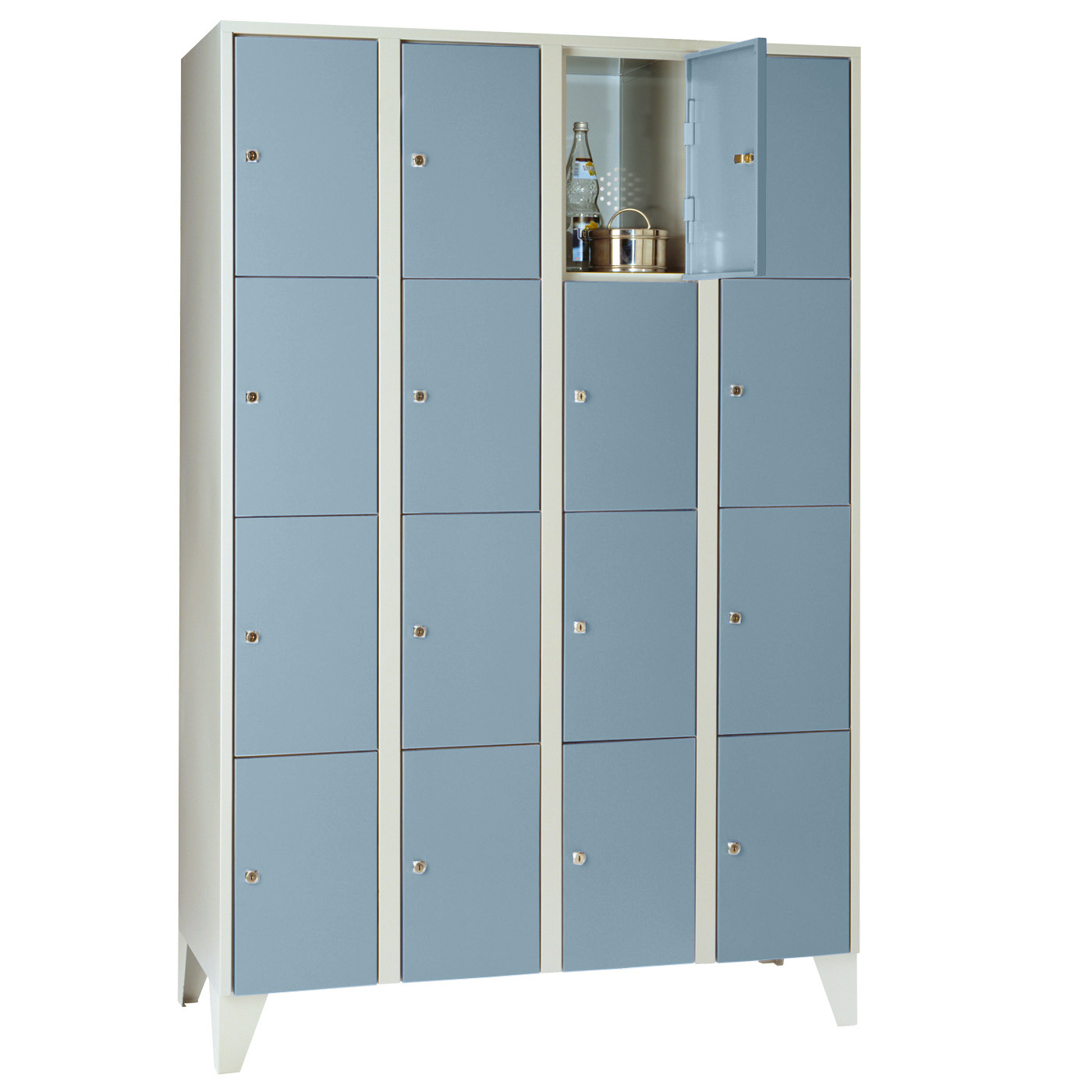 Wolf Fächerschrank Serie 72, Füße, Abteilbreite 300 mm, 4 Abteile à 4 Fächer Taubenblau RAL 5014