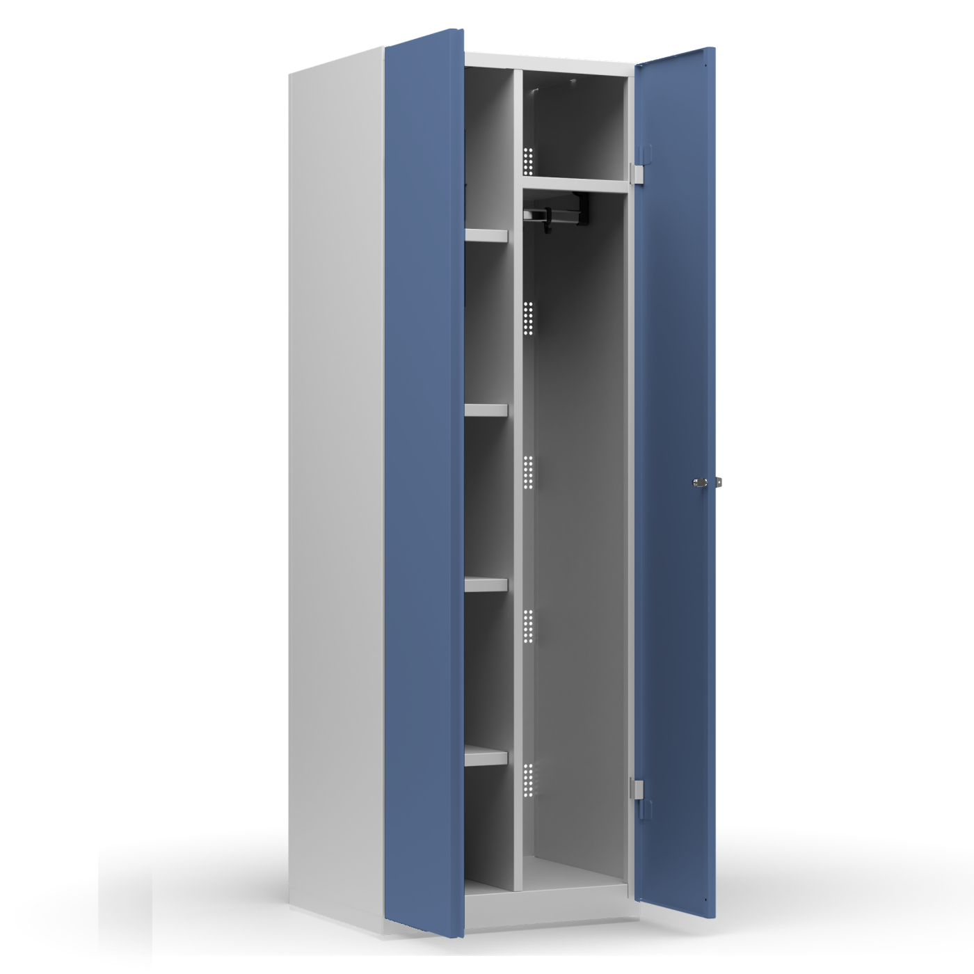 Wolf Mehrzweckspind mit Garderobe Serie 77 Sockel Flügeltüren Abteilbreite 300 mm 2 Abteile Taubenblau RAL 5014