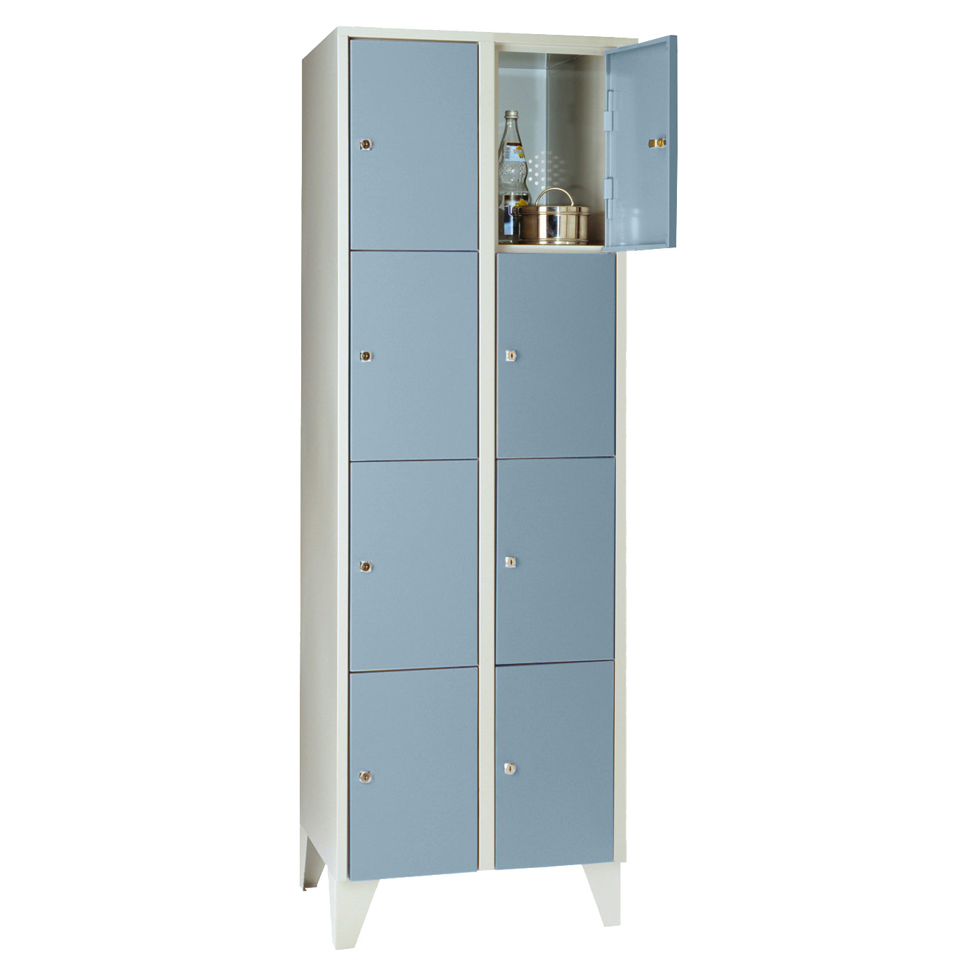 Wolf Fächerschrank Serie 72, Füße, Abteilbreite 300 mm, 2 Abteile à 4 Fächer Taubenblau RAL 5014