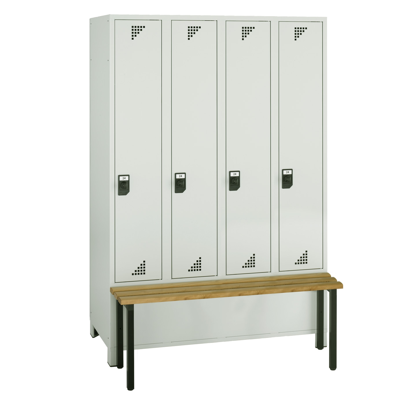 Wolf Spind Serie 82 S mit vorgebauter Sitzbank, Füße, Abteilbreite 300 mm, 4 Abteile Lichtgrau RAL 7035