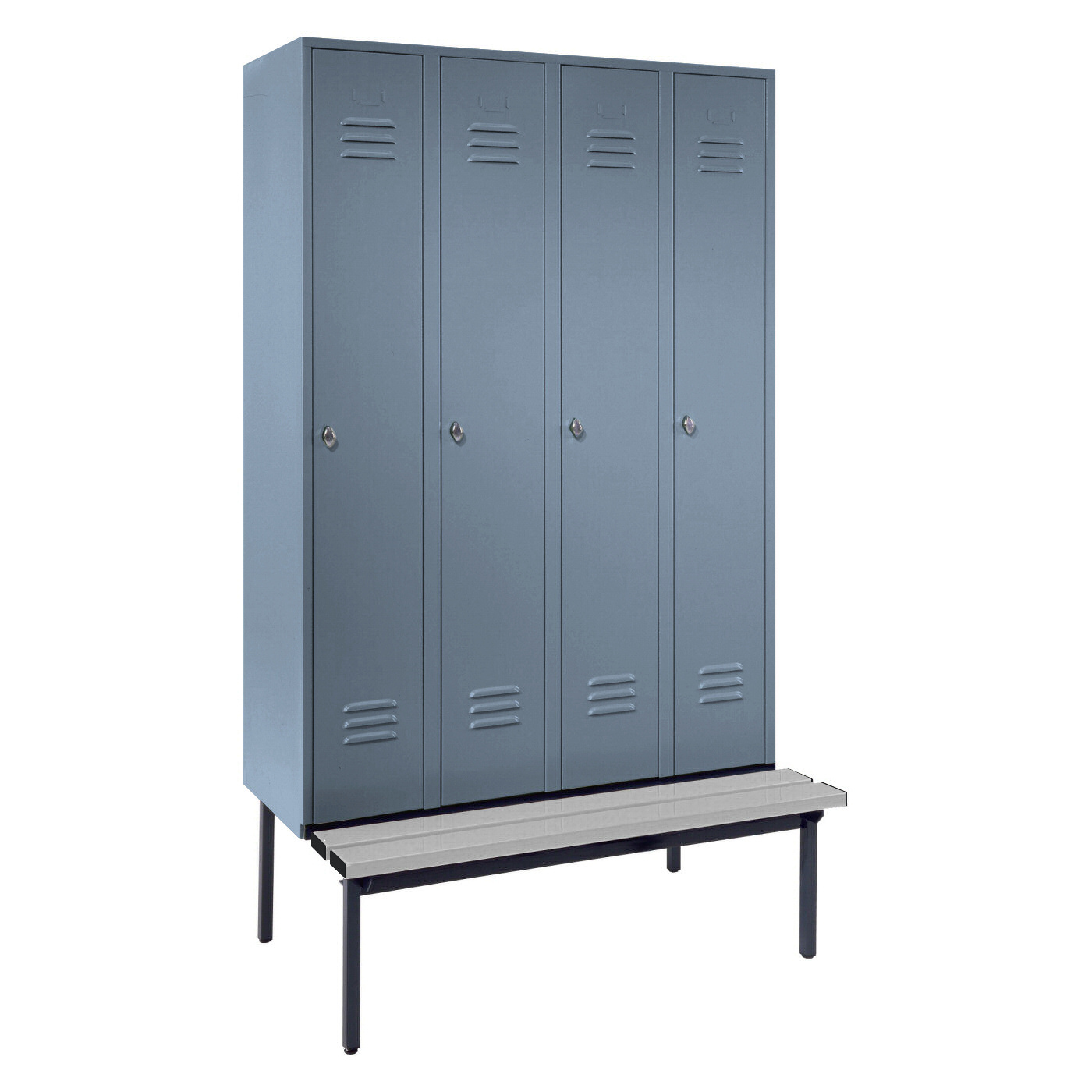 Wolf Spind Serie 75 U mit Sitzbankuntergestell, Abteilbreite 300 mm, 4 Abteile Blaugrau RAL 7031