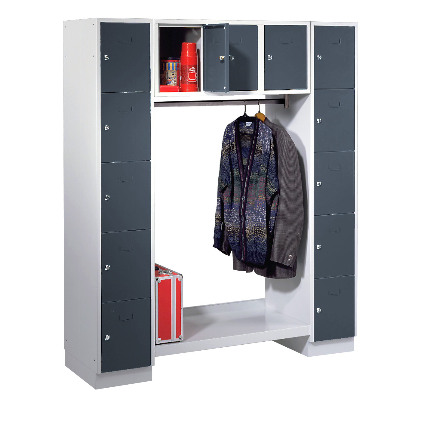 Wolf Schließfachgarderoben-System Serie 78 2 Abteile Breite 300 mm 13 Fächer offene Garderobe Blaugrau RAL 7031