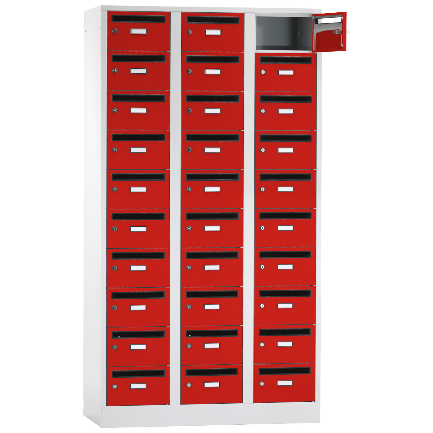 Wolf Postverteilerschrank Serie 42 PV, Sockel, Abteilbreite 350 mm, 3 Abteile à 10 Fächer Feuerrot RAL 3000