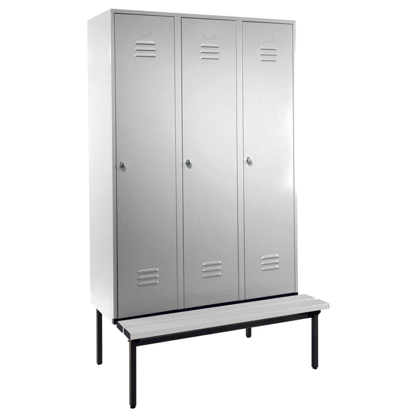 Wolf Spind Serie 75 U mit Sitzbankuntergestell, Abteilbreite 400 mm, 3 Abteile Lichtgrau RAL 7035