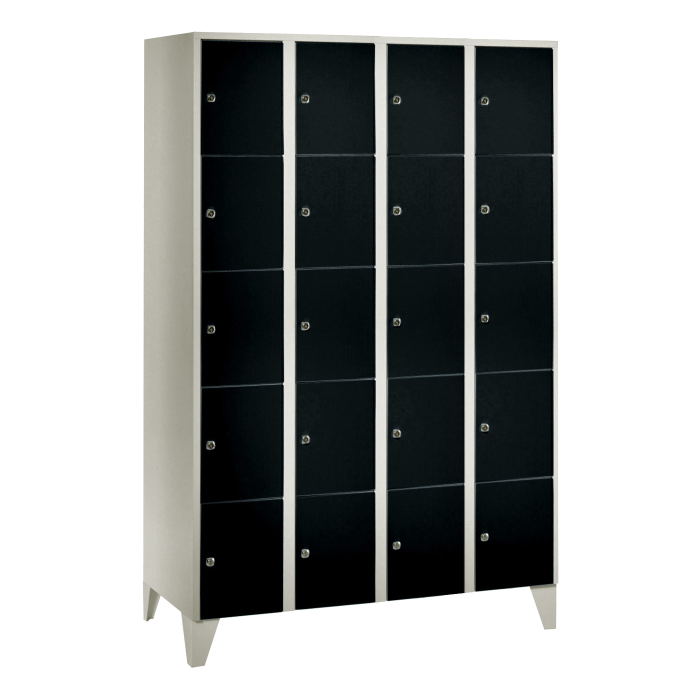 Wolf Fächerschrank Serie 72, Füße, Abteilbreite 300 mm, 4 Abteile à 5 Fächer Tiefschwarz RAL 9005