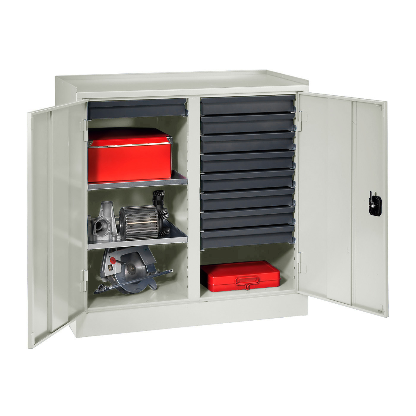 Wolf Werkzeugschrank Serie 51 Sockel Breite 1000 mm 2 Abteile 9 Schubladen 2 Fachböden Lichtgrau RAL 7035
