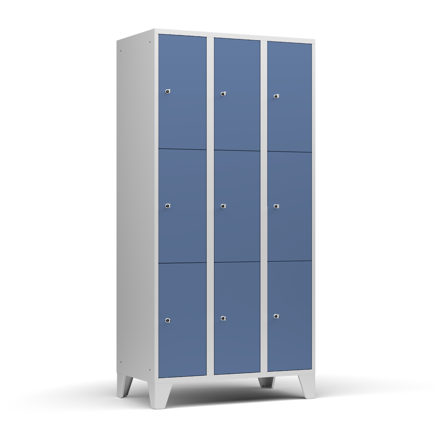 Wolf Fächerschrank Serie 72, Füße, Abteilbreite 300 mm, 3 Abteile à 3 Fächer Taubenblau RAL 5014