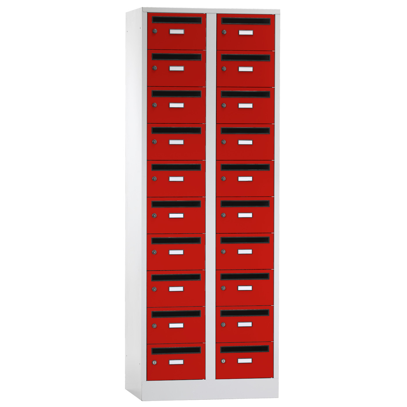 Wolf Postverteilerschrank Serie 42 PV, Sockel, Abteilbreite 350 mm, 2 Abteile à 10 Fächer Feuerrot RAL 3000